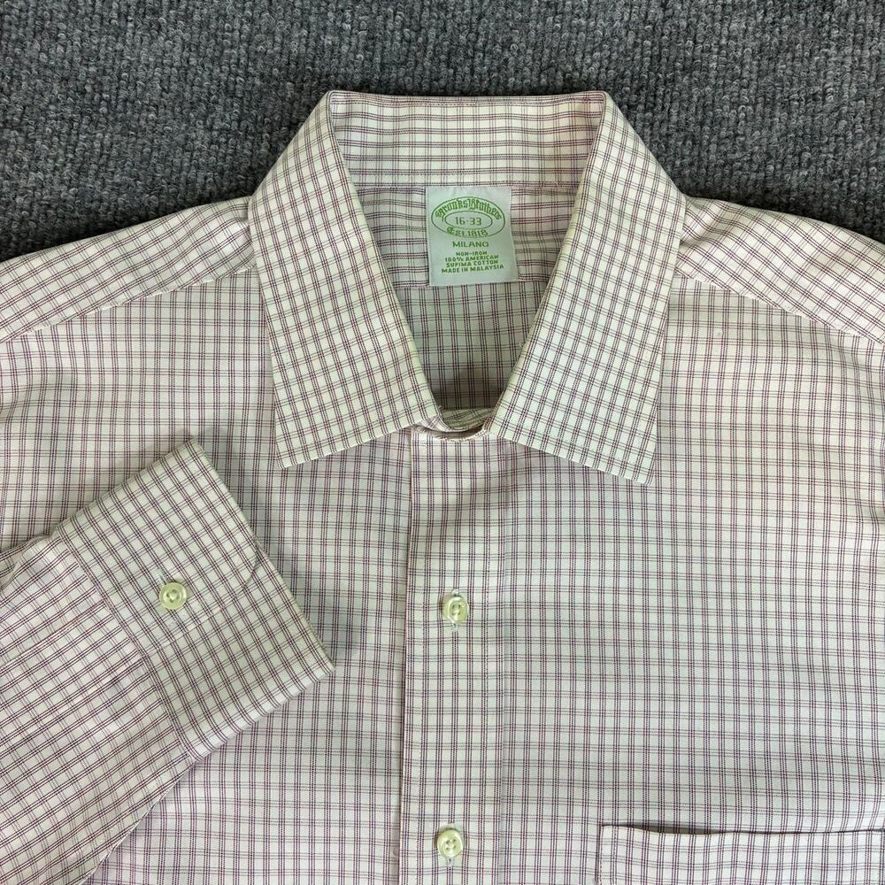 Brooks Brothers Milano Mens 16-33 Dress Shirt White Red Blue Check Supima Cotton